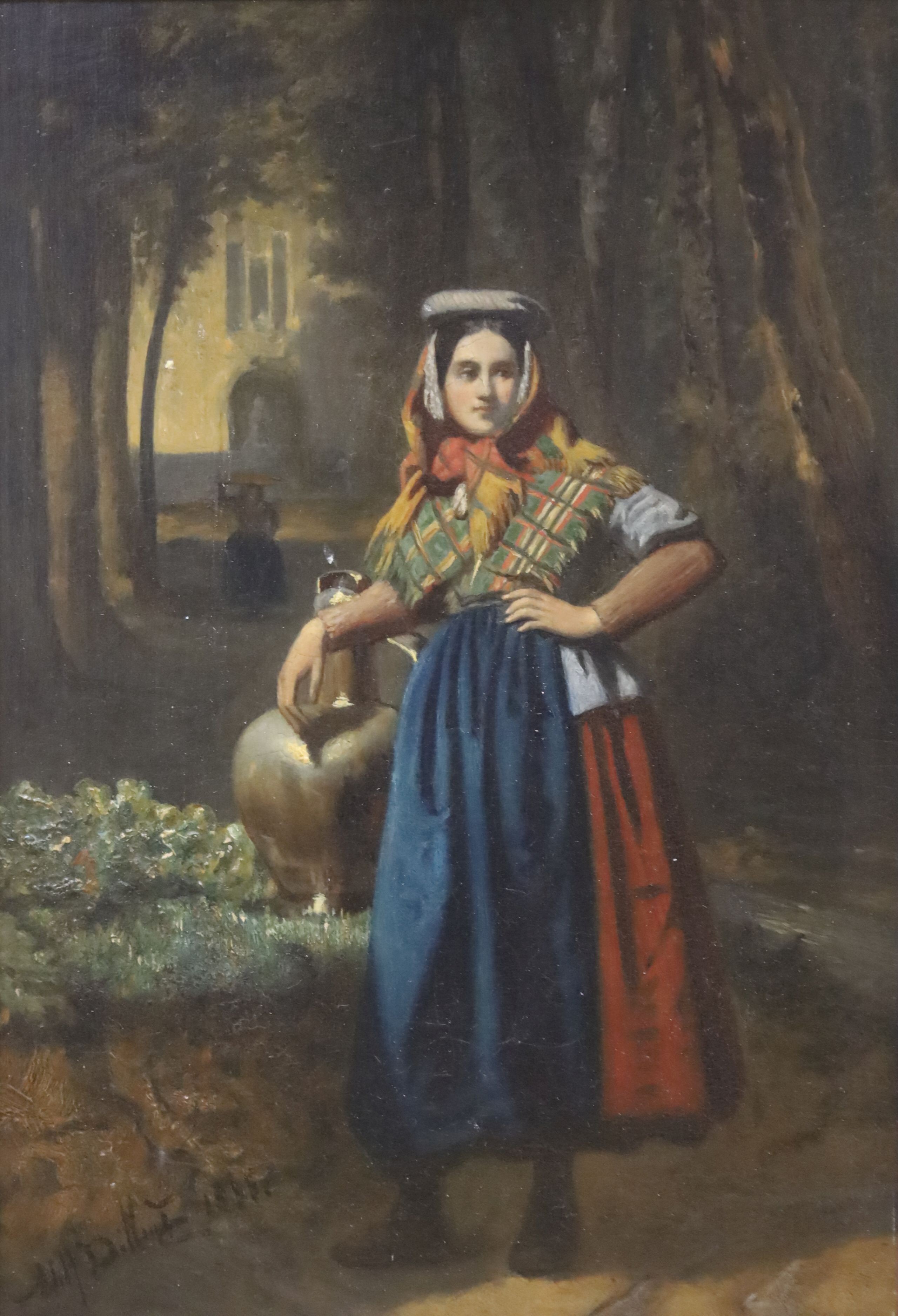 Attributed to Adolf Alexander Dillens (1821-1877), oil on panel, Water carrier in woodland, bears signature, 32 x 22cm